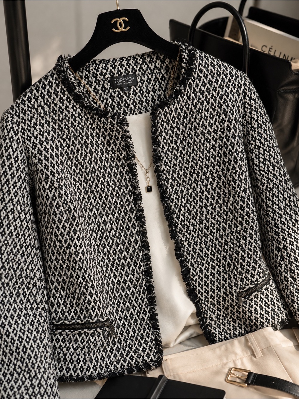 Topshop Black Ivory Tweed Fringe Crop Blazer Zip Pocket Jacket US 6